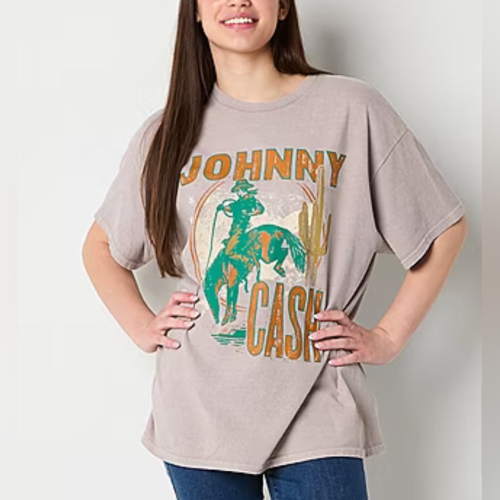 New World Juniors Oversized Womens Crew Neck Short Sleeve Graphic T-Shirt